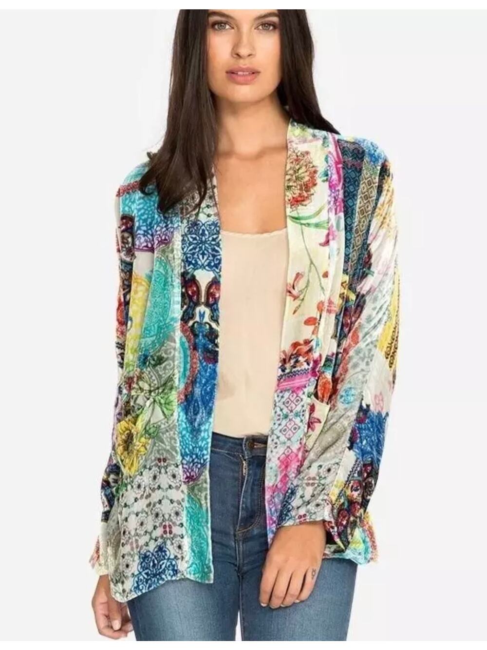 Johnny Was Gigi Velvet Patchwork Floral Kimono XS Sweater Blazer Jacket Cardigan